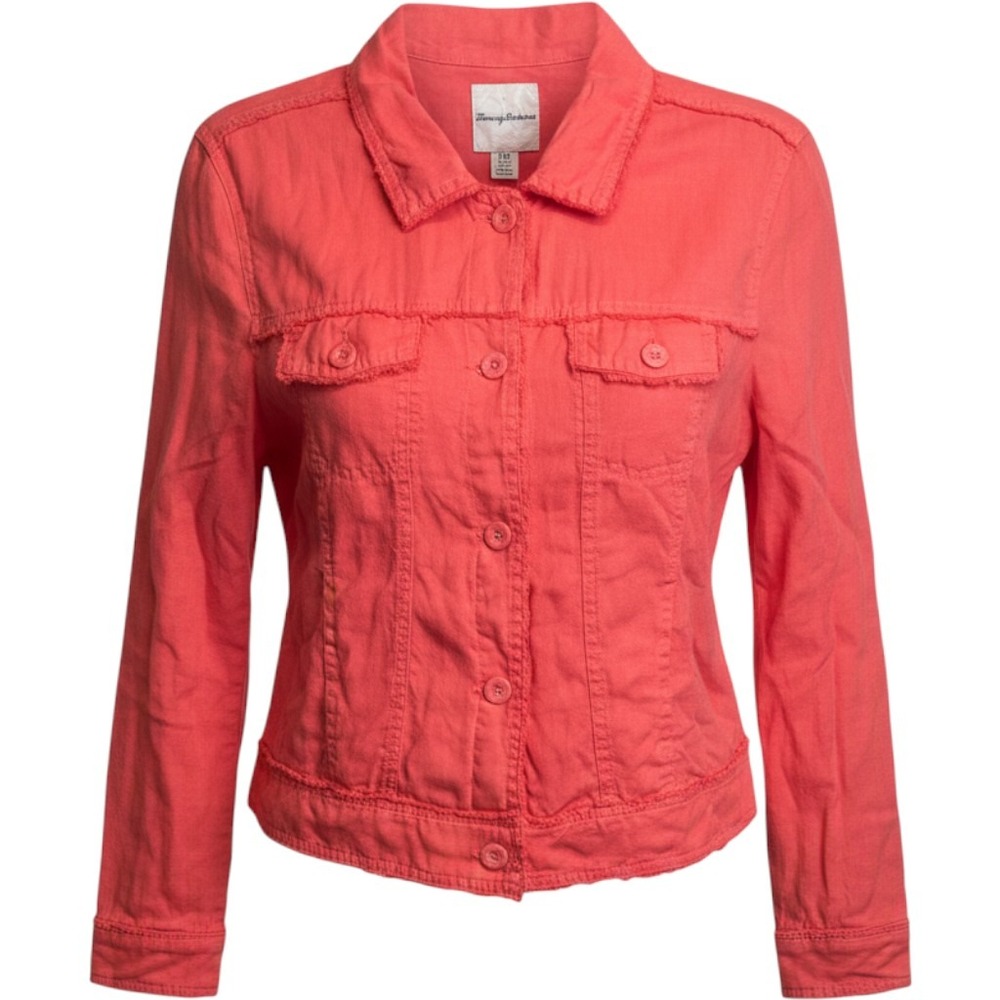 Tommy Bahama Jacket Women L Coral Pink Two Palms Linen Raw Edge Trucker Coastal